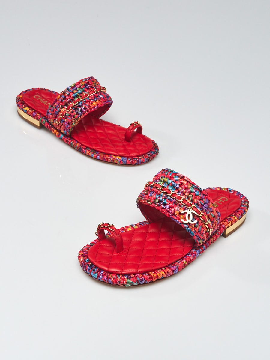 Chanel Multicolor Raffia Red Leather Chain CC Thong Sandals Size 8.5/39 -  Yoogi's Closet