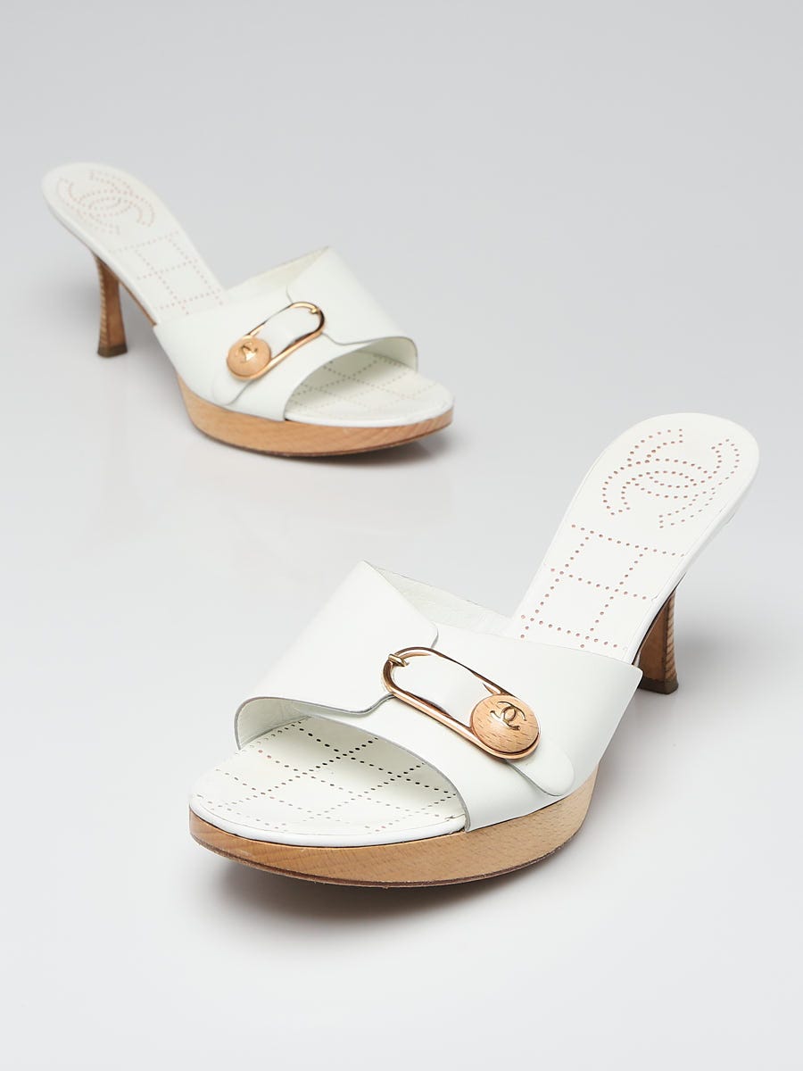 Chanel White Leather Open Toe Mule Sandals Size 11.5/42 | Yoogi's