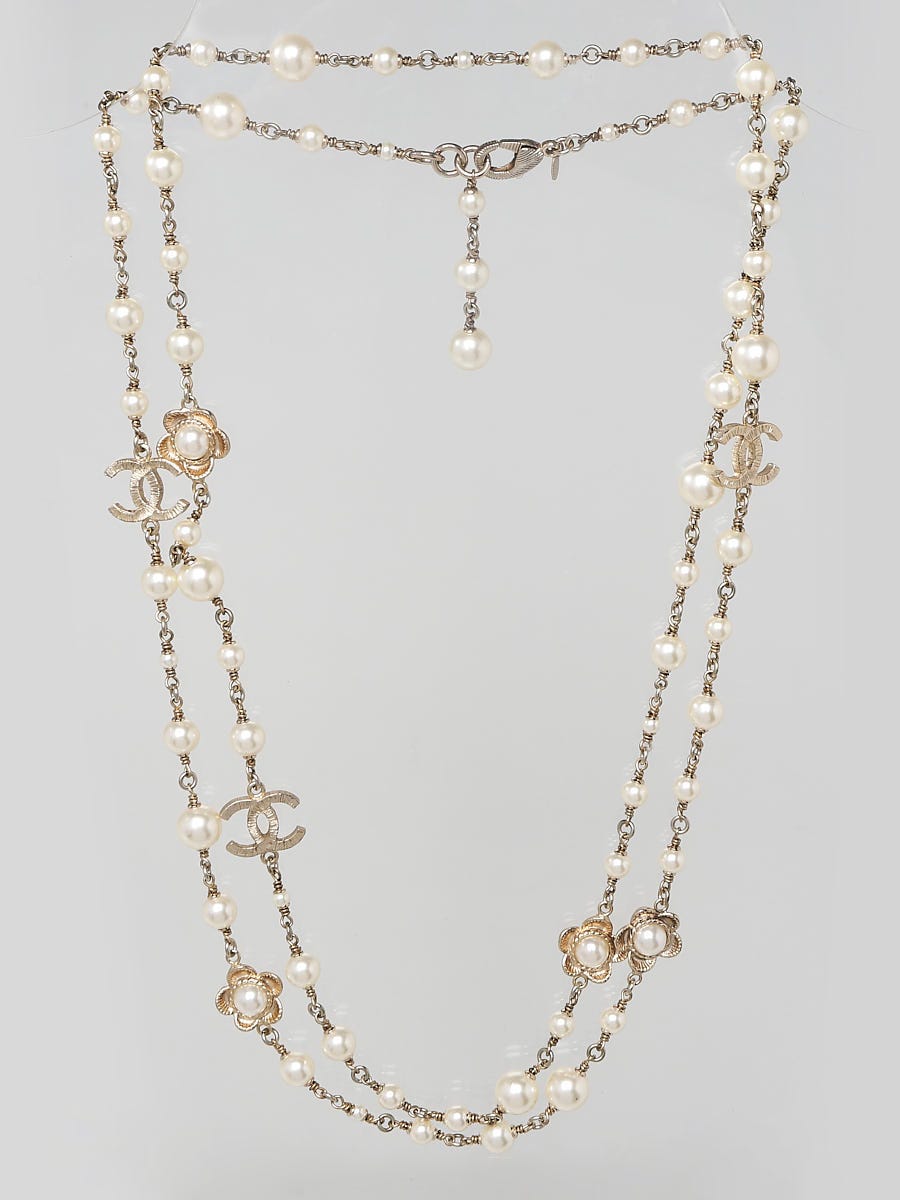 Chanel Goldtone Metal Glass Pearl CC Camellia Long Necklace - Yoogi's Closet
