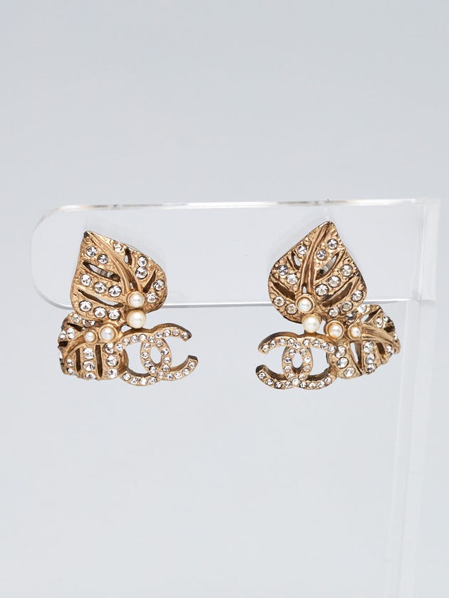 Chanel Faux Pearl and Crystal Leaf CC Earrings