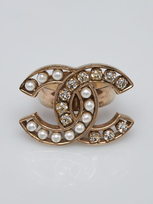 Chanel Goldtone Metal Crystal and Pearl CC Ring 5.25