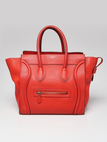 Celine Red Drummed Calfskin Leather Mini Luggage Tote Bag