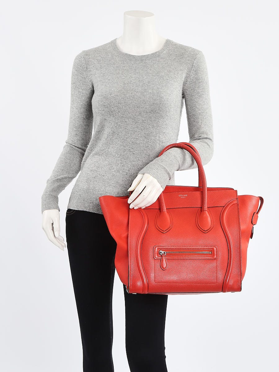 Celine Red Drummed Calfskin Leather Mini Luggage Tote Bag