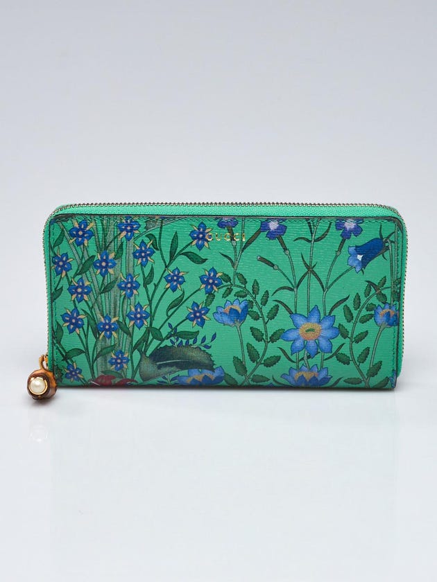 Gucci Green Floral Print Leather Bamboo Tassel Zip Around Wallet