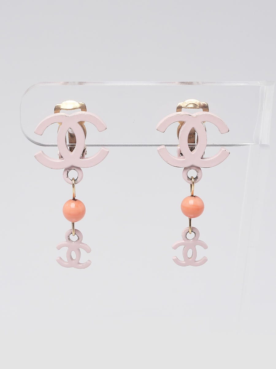 Chanel Gold CC Pearl Pink Bead Dangle Piercing Earrings - 2 Pieces
