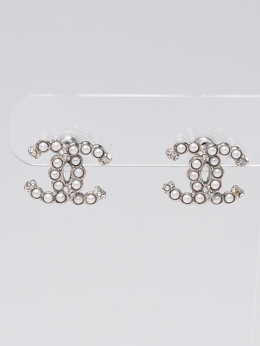 Chanel Silvertone Metal CC Faux Pearl/Crystal Stud Earrings