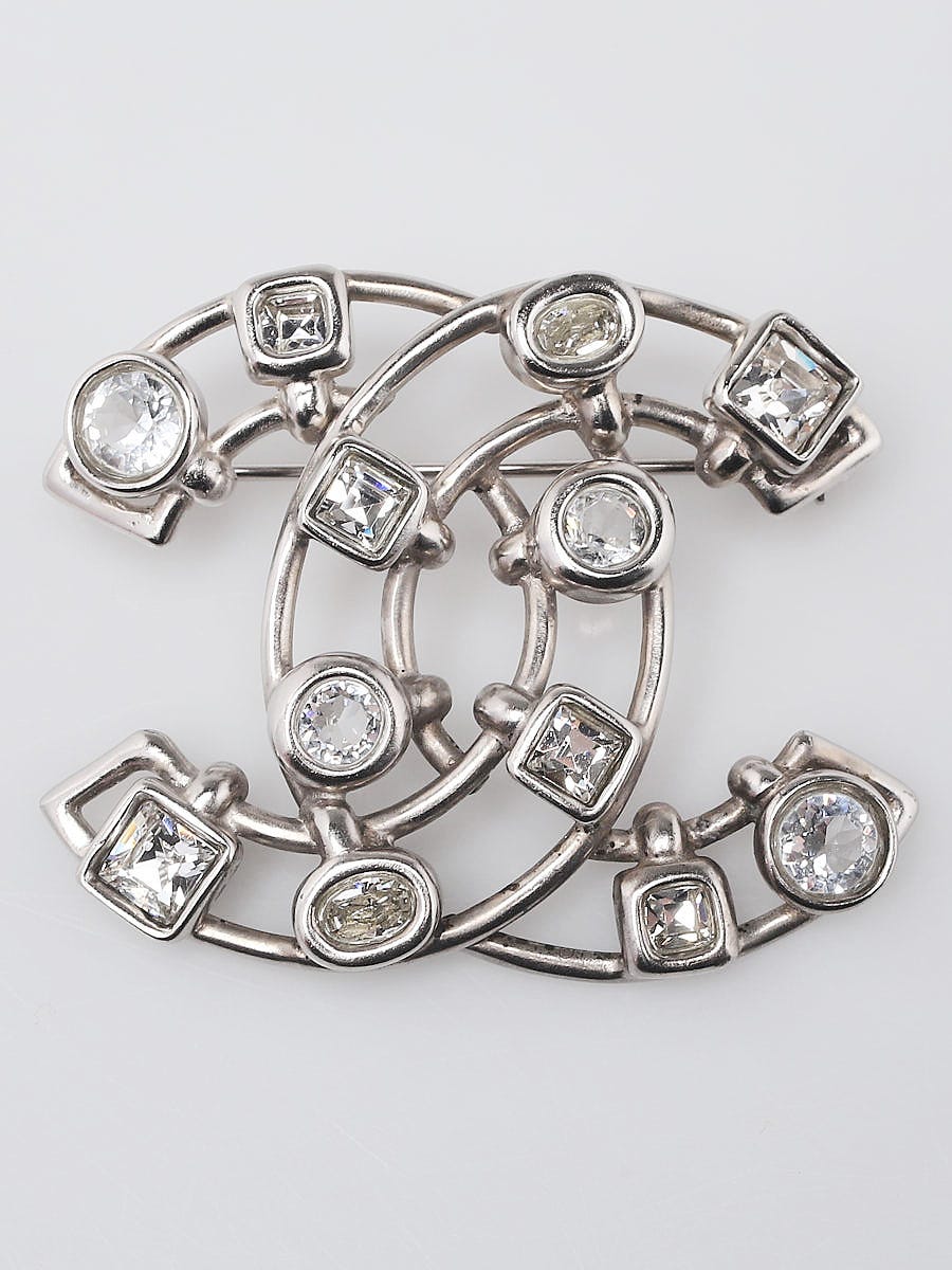 Chanel Silvertone Metal Crystal CC Brooch - Yoogi's Closet