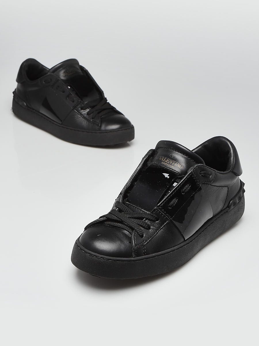 Valentino Black Leather and Patent Leather Rockstud Low Sneakers Size 5.5/36 - Yoogi's Closet