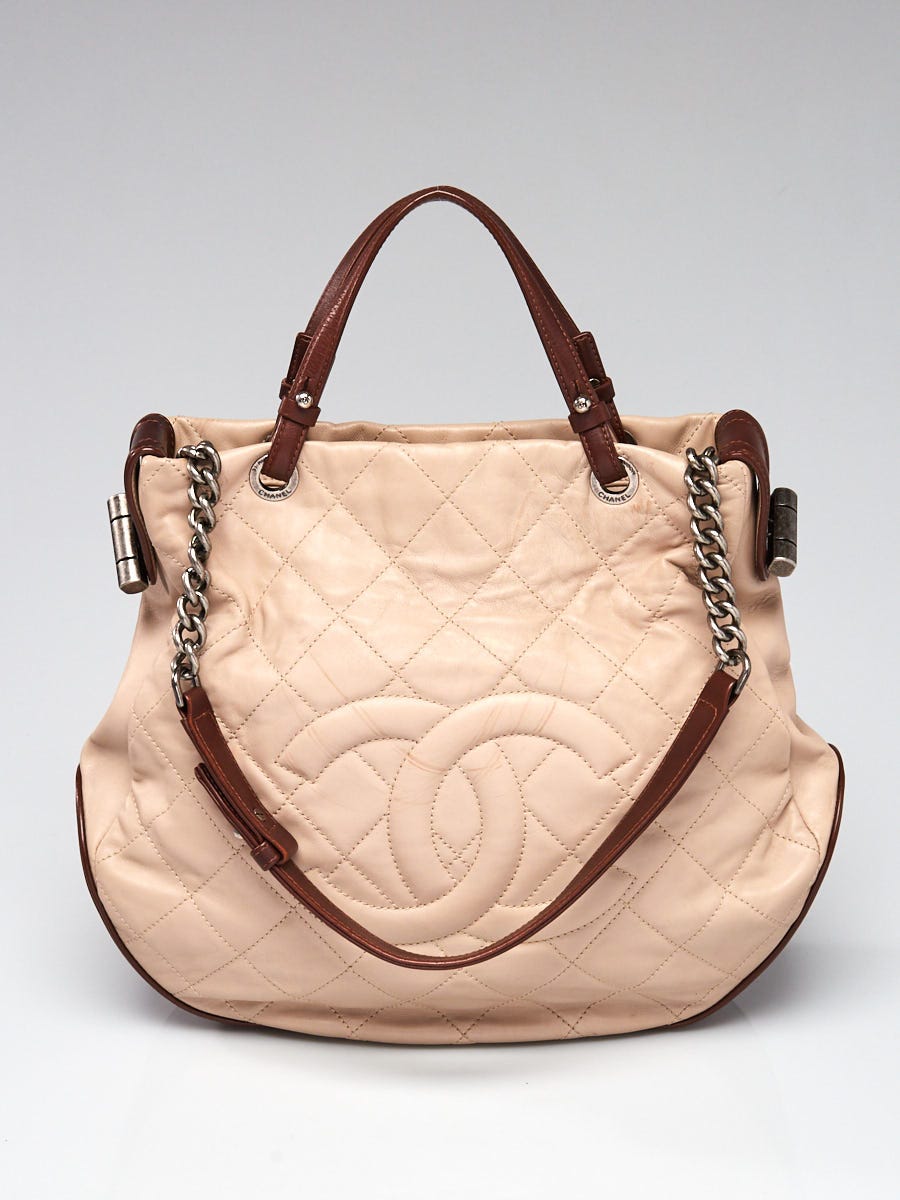 Chanel Ecru/Brown Quilted Leather Country Chic Tote Bag - Yoogi's Closet
