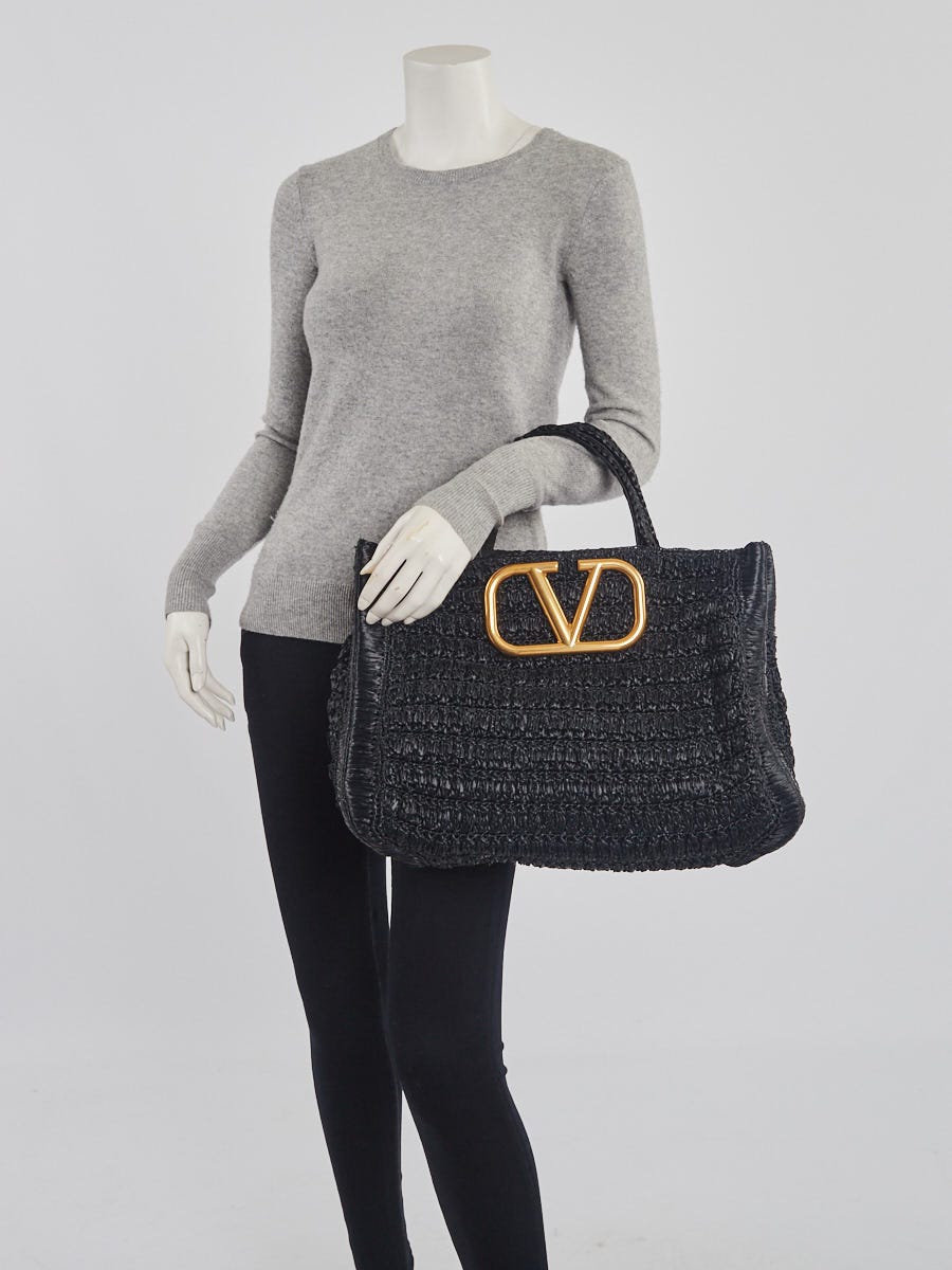 Valentino Black Raffia V-Logo Tote Bag | Yoogi's Closet
