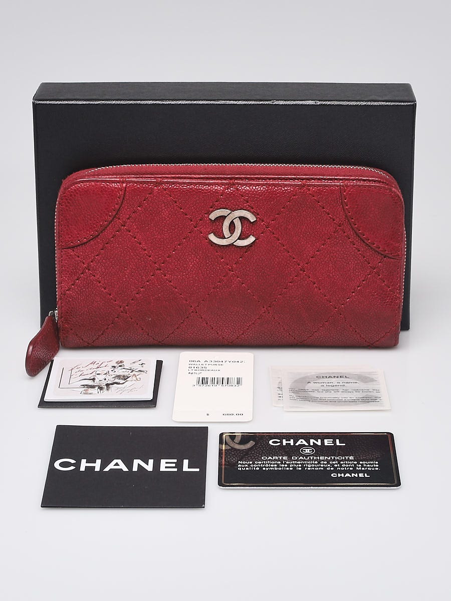 Chanel Light Bordeaux Diamond Stitched Distressed Leather Outdoor Ligne Long Wallet