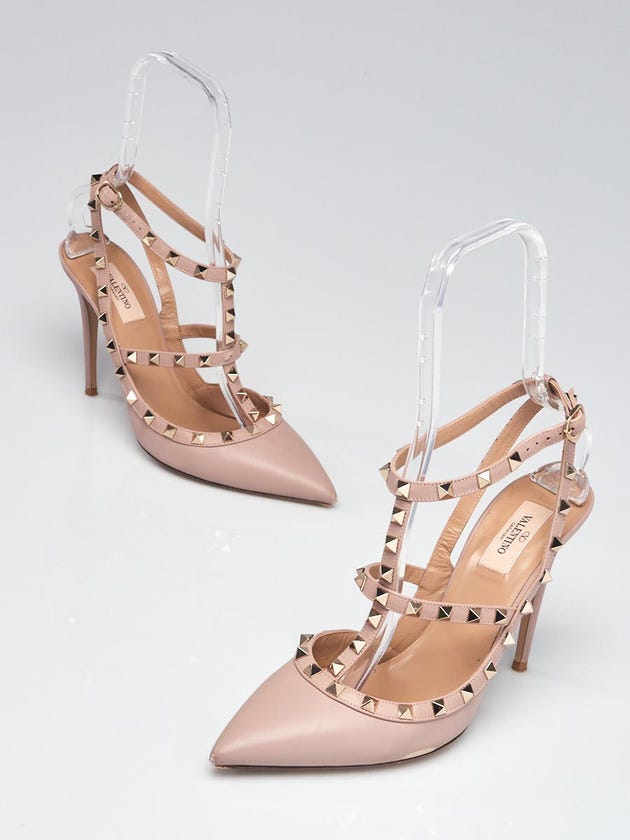 Valentino Poudre Pebbled Leather Rockstud T-Strap Pumps Size 10.5/41