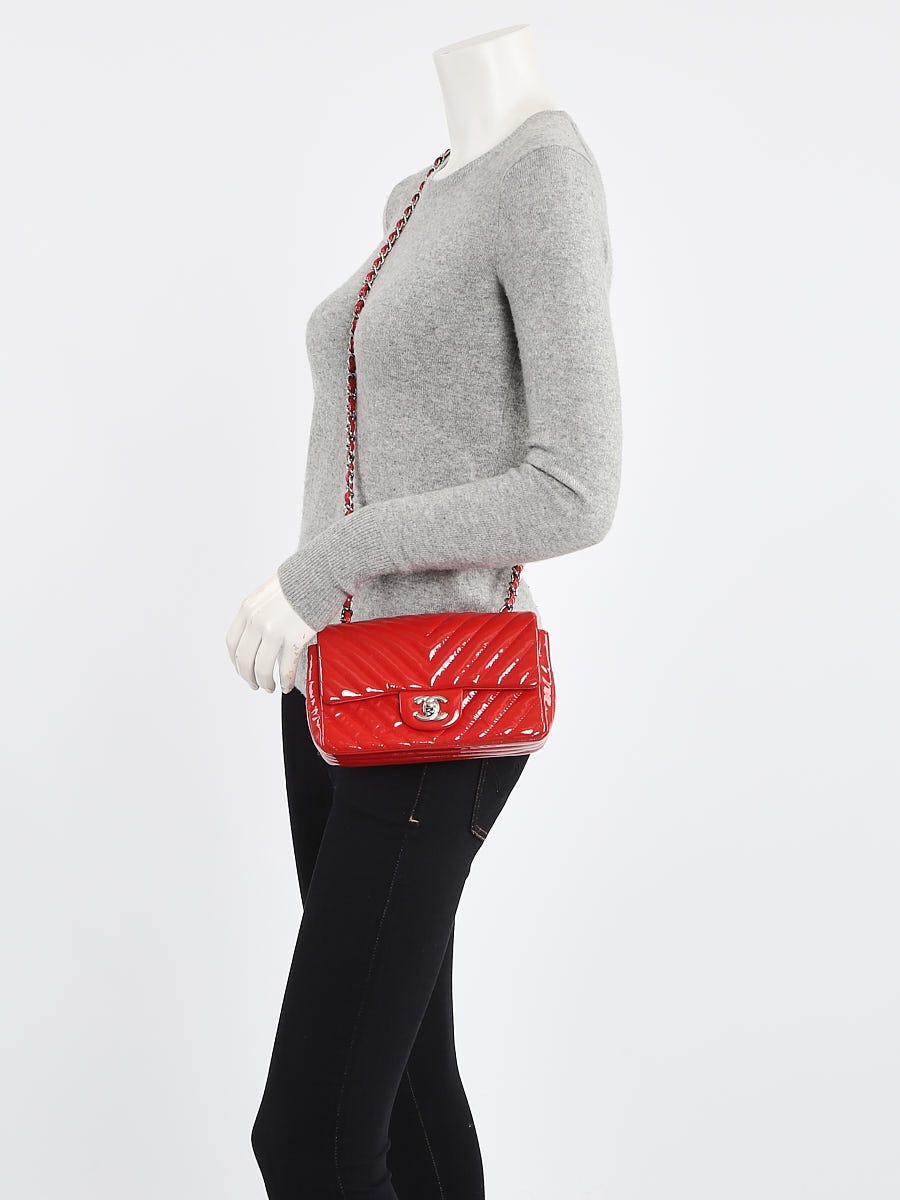 Chanel Mini Flap Quilted Chevron Leather Crossbody Bag Red