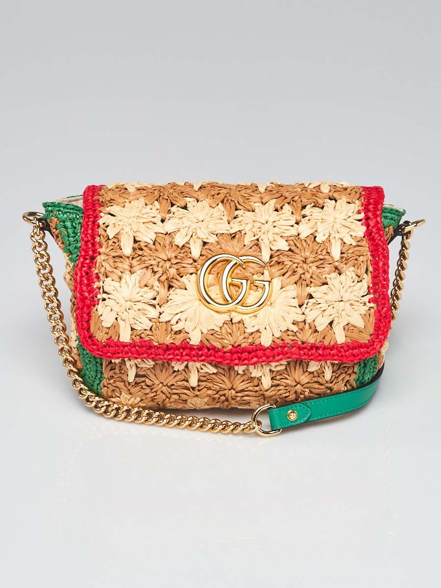 Gucci Brown/Red/Green Raffia GG Marmont Small Shoulder Bag