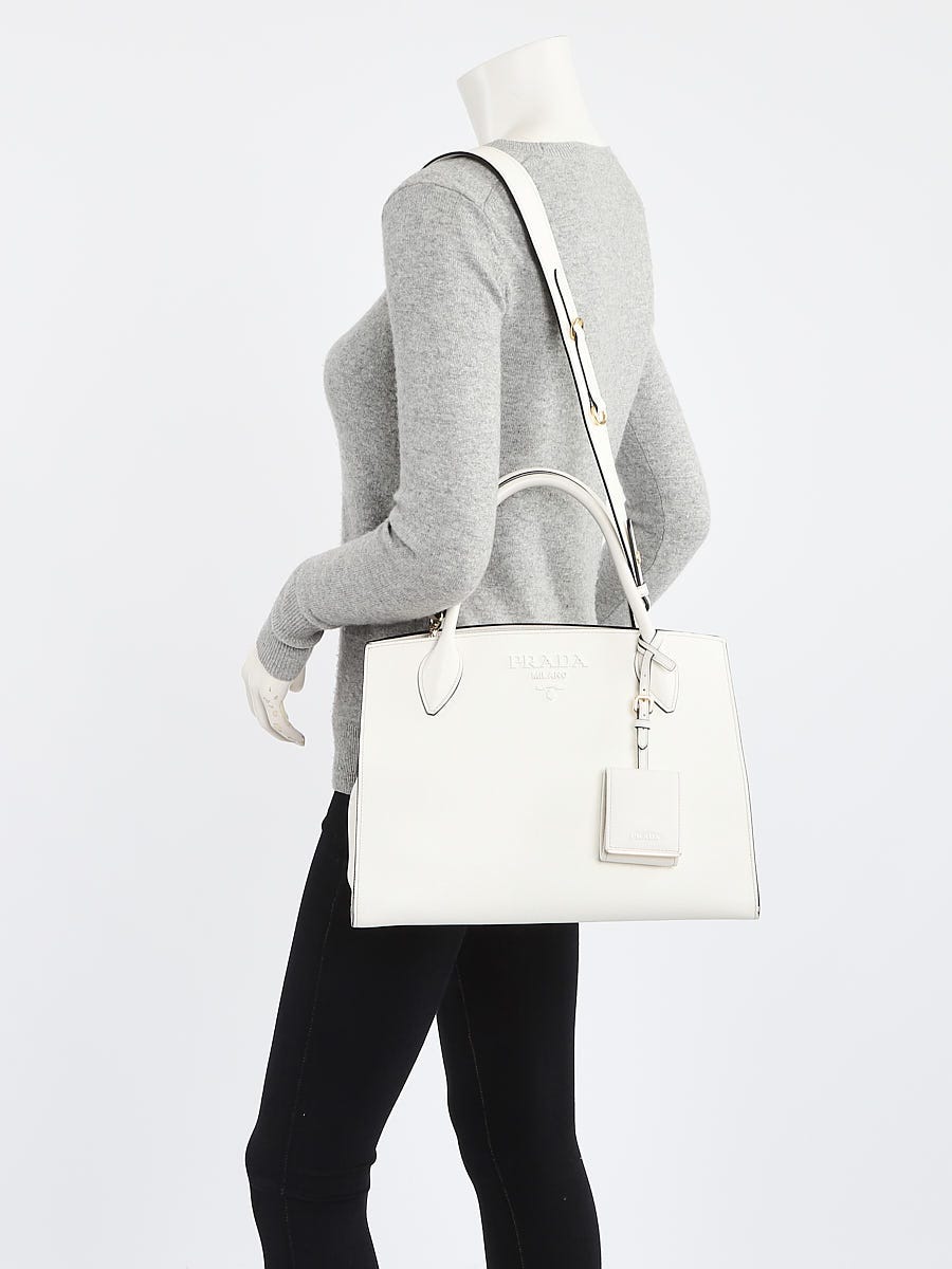Prada White Saffiano Leather Monochrome Tote Bag 1BA155 | Yoogi's