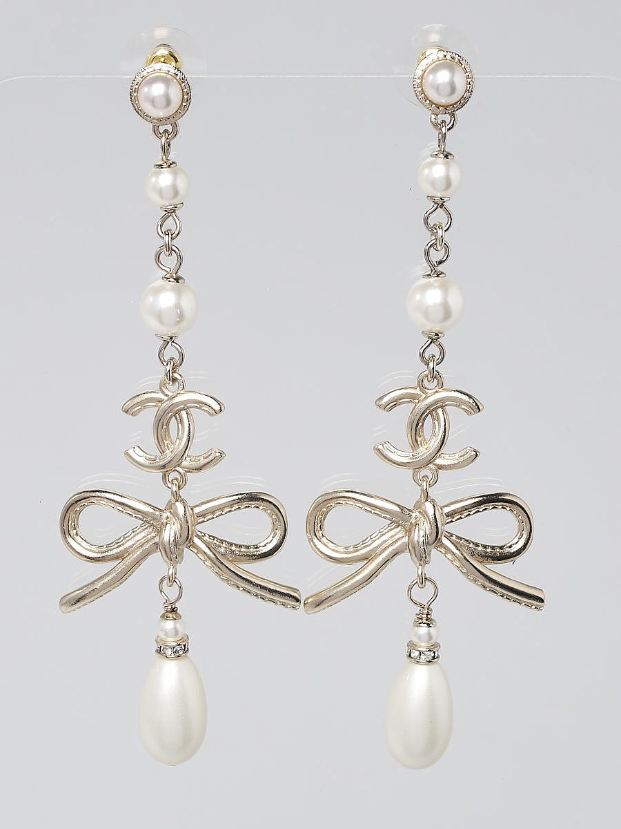 Chanel Crystal Faux Pearl and Goldtone Metal CC Bow Drop Earrings - Yoogi's  Closet