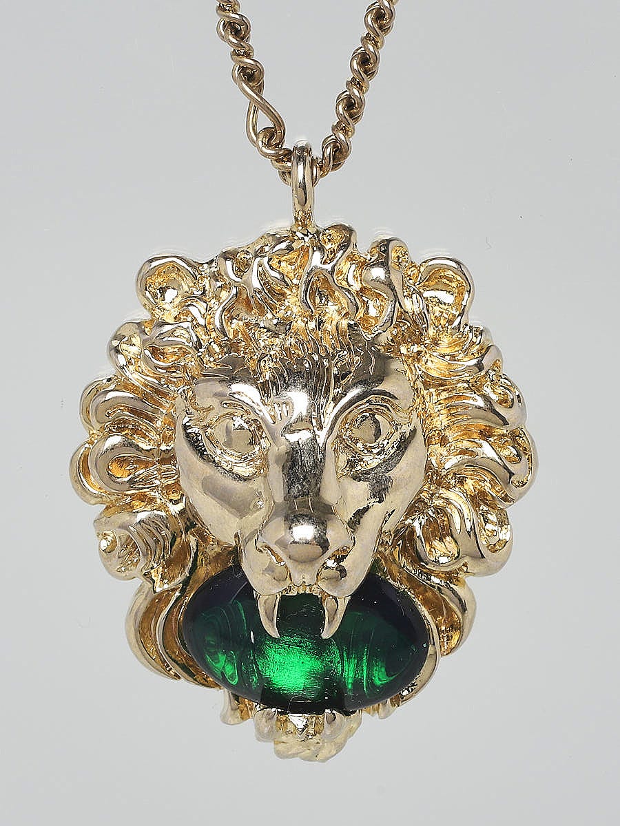 Gucci Goldtone Metal Green Crystal Lion Head Necklace - Yoogi's Closet