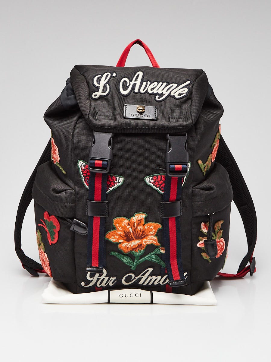 Gucci Black Techno Canvas Vintage Web L Aveugle Par Amour Embroidered Backpack Bag Yoogi s Closet