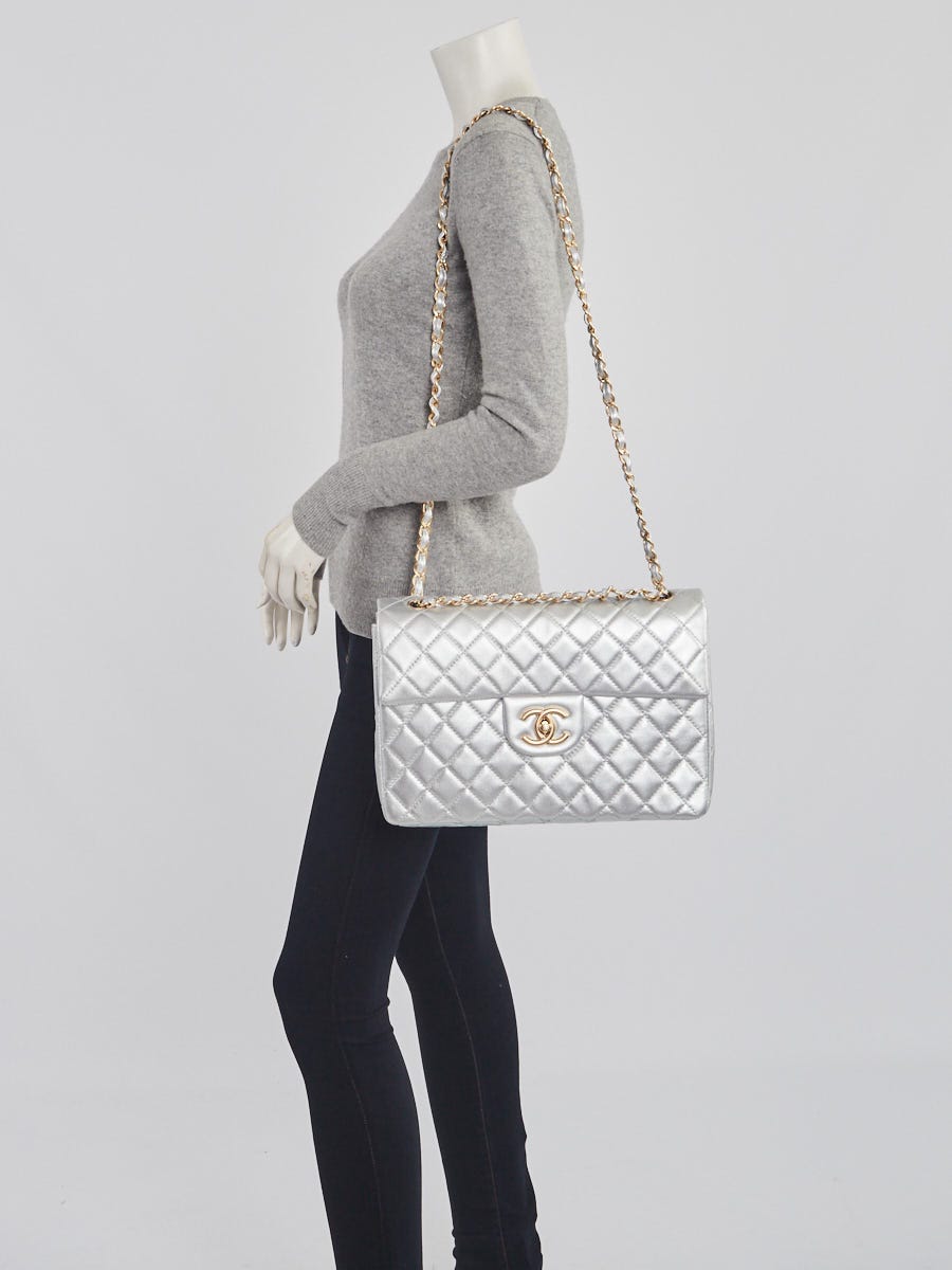 Chanel Silver Quilted Leather Classic Maxi Jumbo XL Flap Bag
