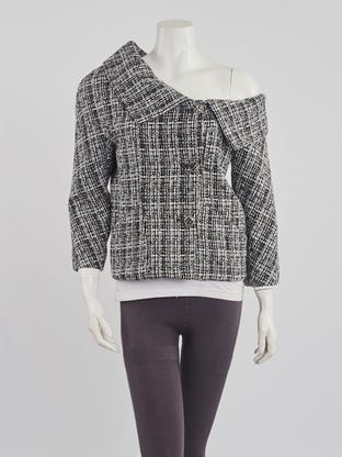 Black/White Cotton Tweed Off The Shoulder Jacket Size 8/40