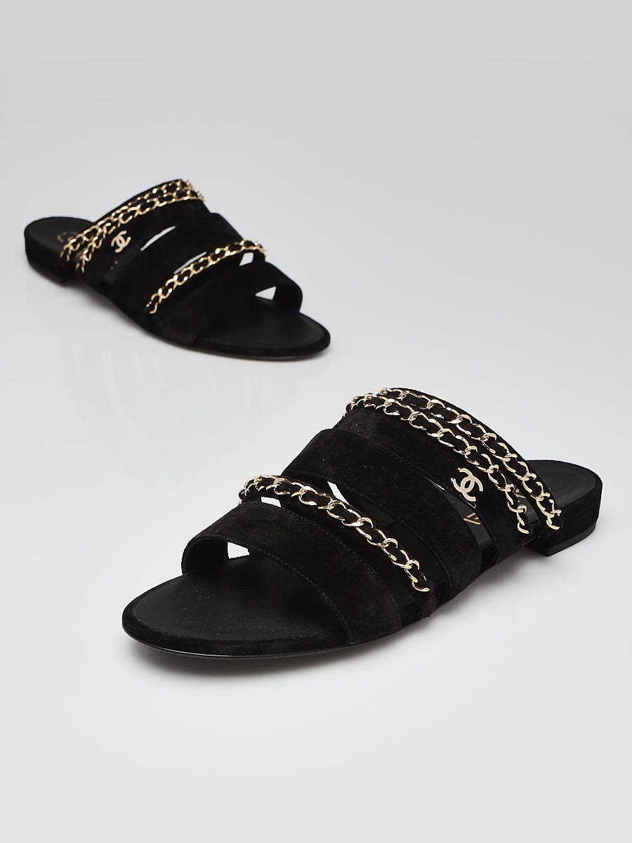 Regnskab Se igennem Lånte Chanel Black Suede Chain Open Toe Flat Sandals Size 11/41.5 - Yoogi's Closet