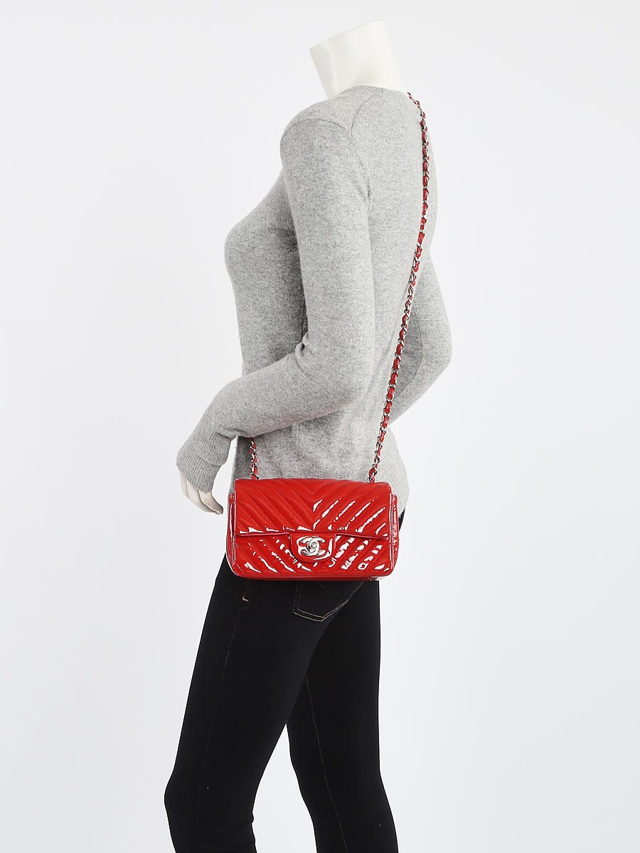 Chanel Red Chevron Quilted Patent Leather Classic Rectangular Mini Flap Bag	