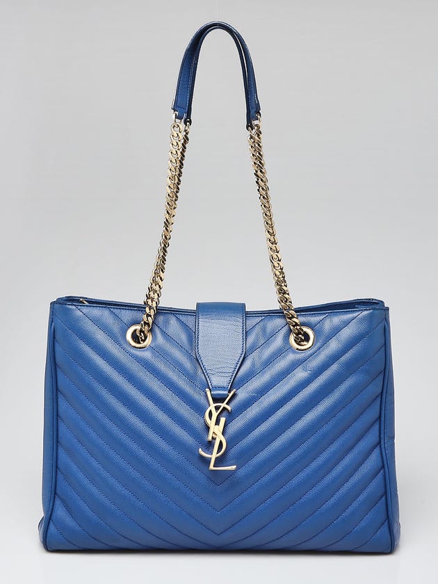 Yves Saint Laurent Blue Quilted Grained Leather Monogram Chain Bo Cassandre Tote Bag