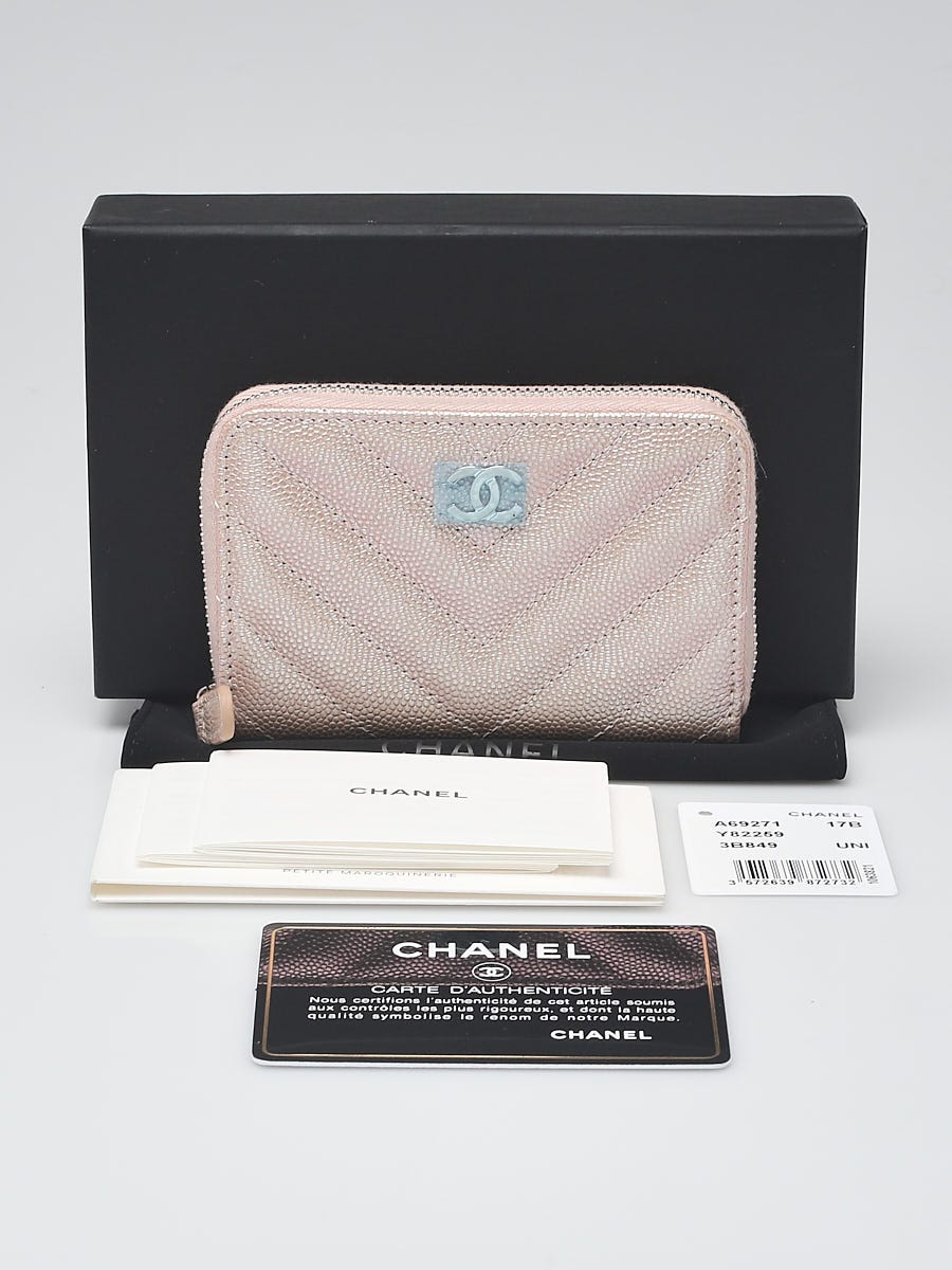 Chanel Metallic Silver Chevron Leather CC Zip Coin Purse Chanel