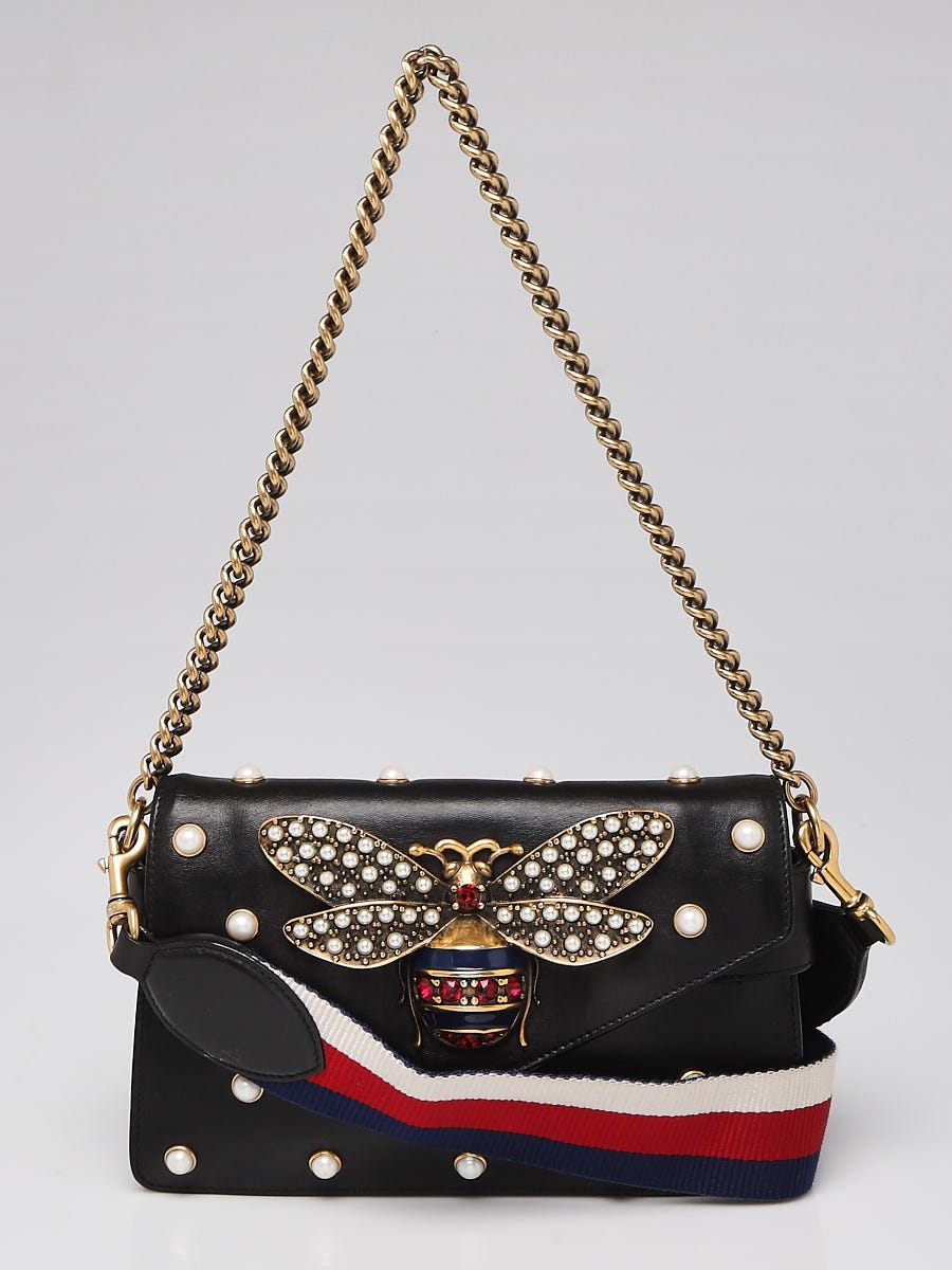 Gucci Black Leather Pearl Studded Mini Broadway Bee Shoulder Bag