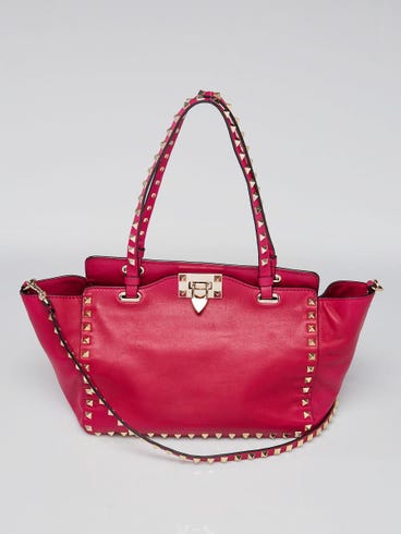 Valentino Dark Pink Leather Rockstud Trapeze Small Tote Bag