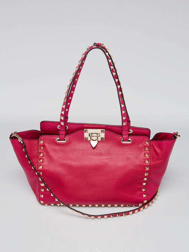 Valentino Dark Pink Leather Rockstud Trapeze Small Tote Bag