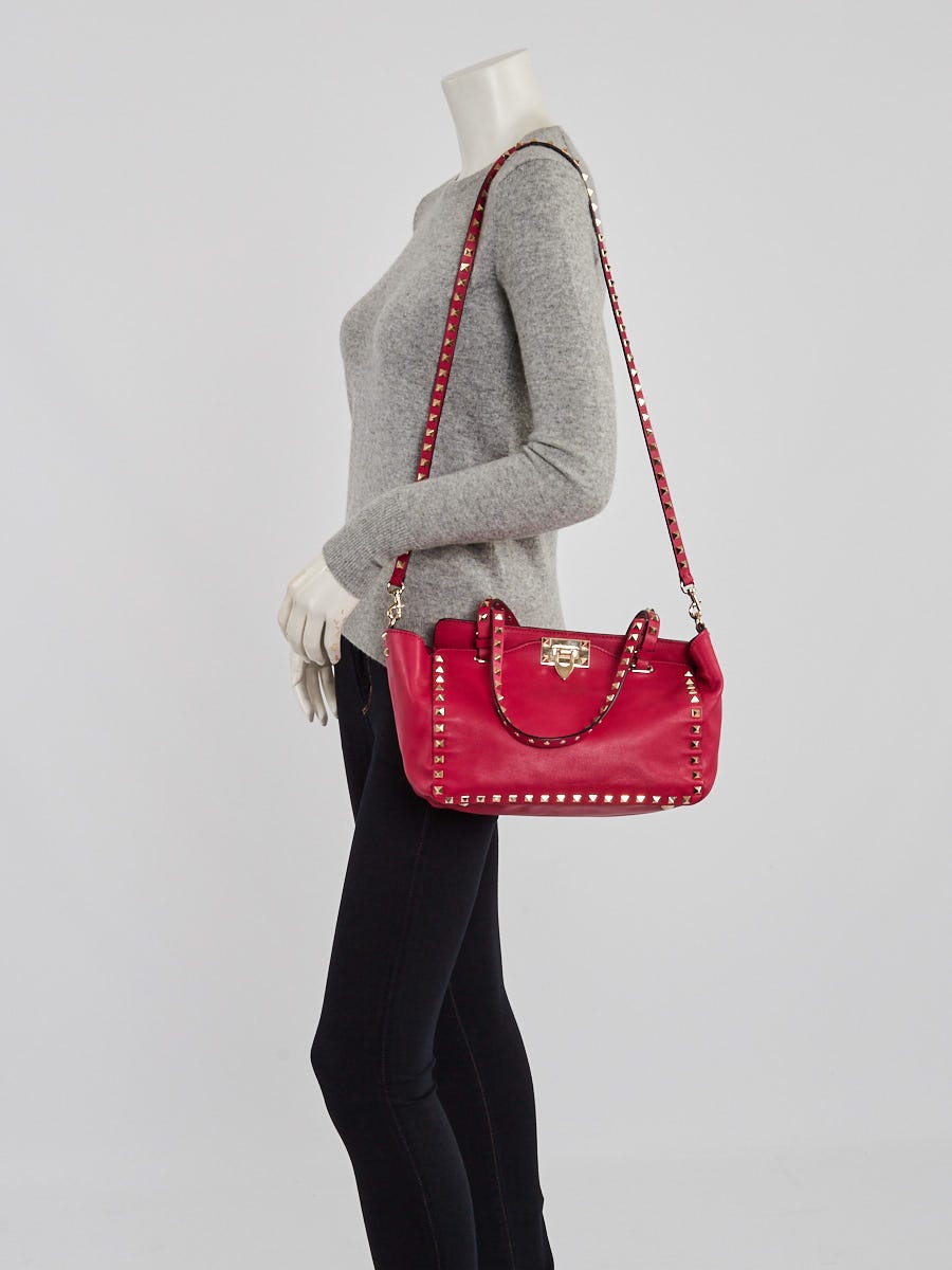 Valentino Dark Pink Leather Rockstud Trapeze Small Tote Bag