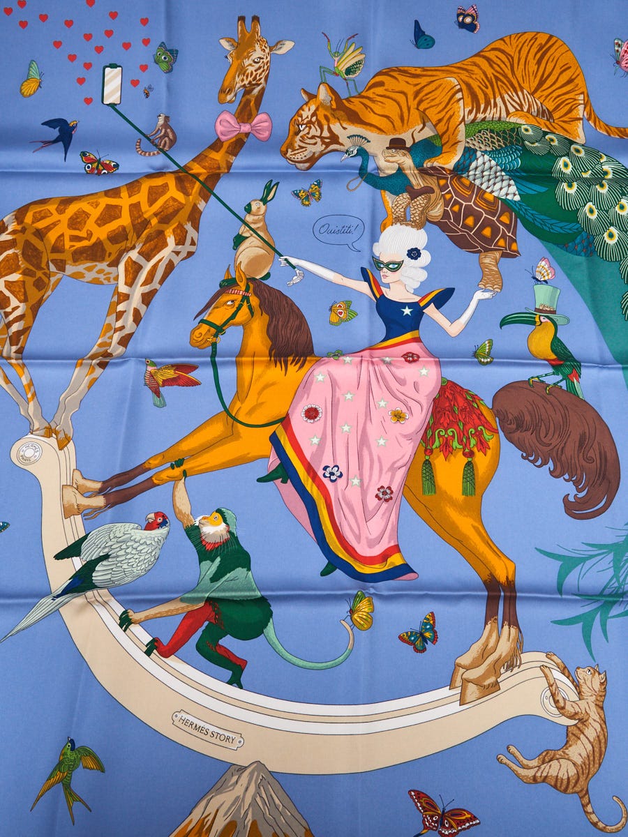 Hermes 90cm Bleu Lavande/Vert/Rose Silk Hermes Story Jonathan