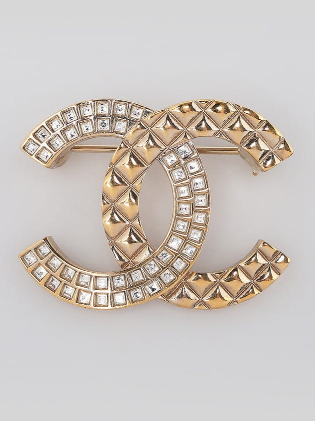 Chanel Quilted Goldtone Metal and Crystal CC Brooch