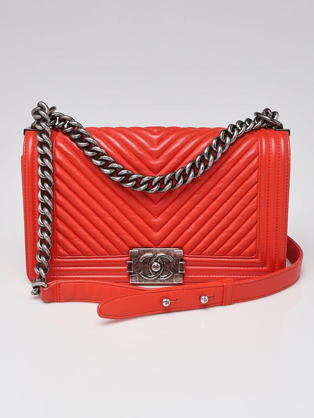 Chanel Orange Chevron Quilted Lambskin Leather Medium Boy Bag