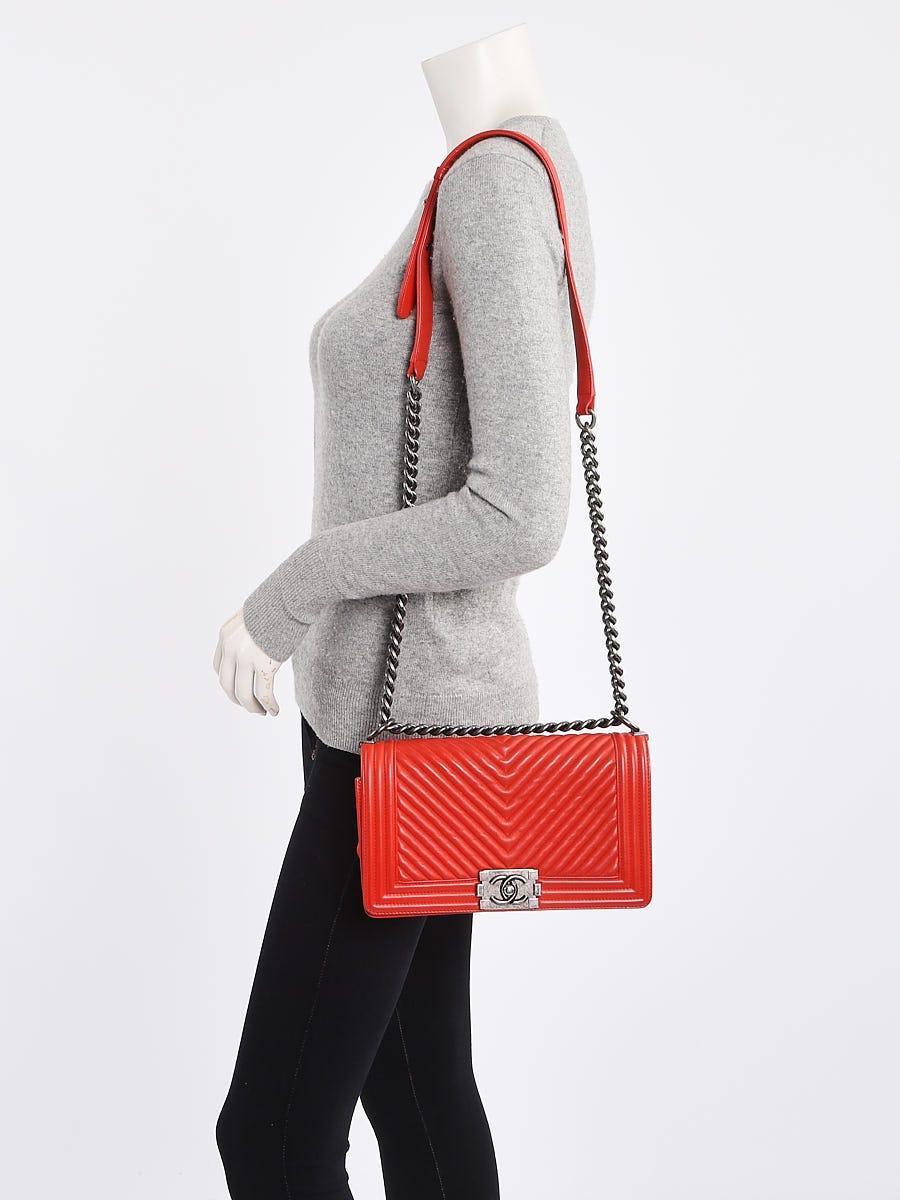 Chanel Orange Chevron Quilted Lambskin Leather Medium Boy Bag	