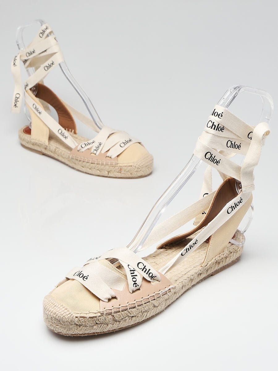 Chloe Beige/White Leather and Canvas Espadrille Ankle Wrap