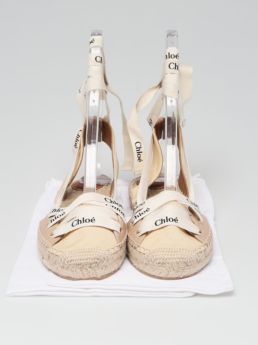 Chloe Beige/White Leather and Canvas Espadrille Ankle Wrap