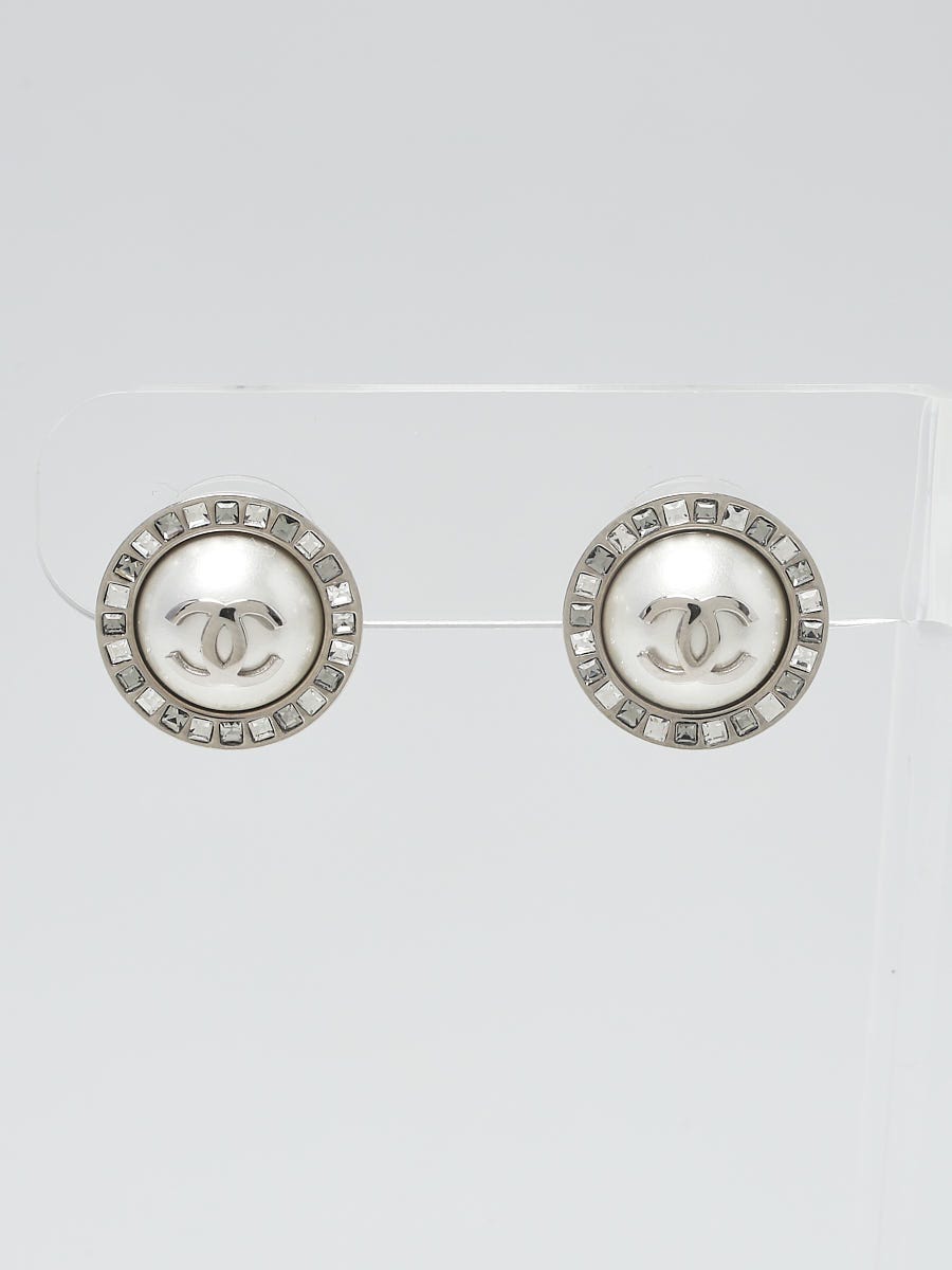 Chanel Silvertone Metal Faux Pearl Crystal CC Logo Stud Earrings - Yoogi's  Closet