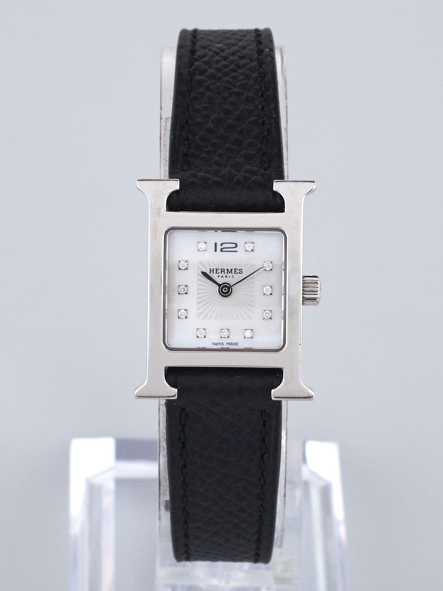 Hermes Black Epsom Leather Stainless Steel Diamond Heure H Mini Quartz Watch