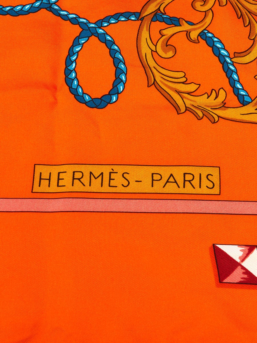 Hermes 130cm Orange Lock and Keys Print Silk Square Scarf