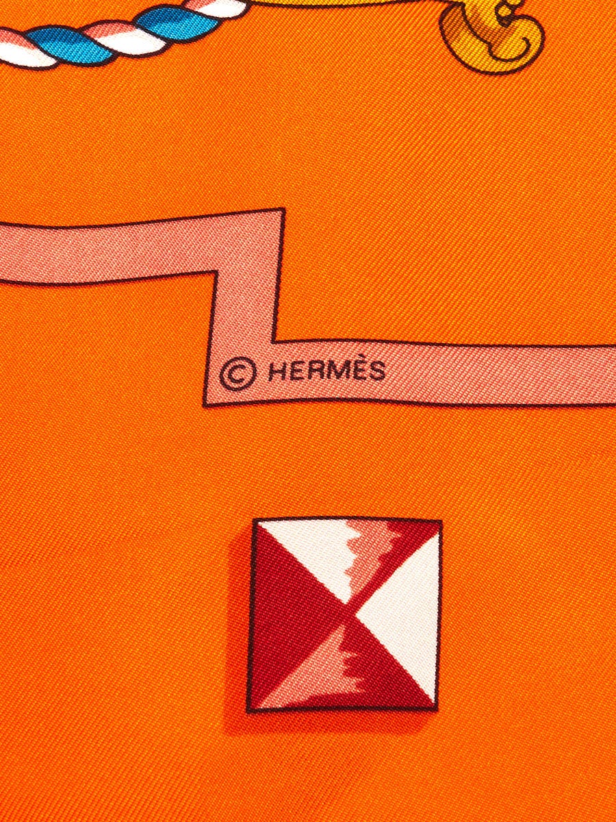 Hermes 130cm Orange Lock and Keys Print Silk Square Scarf