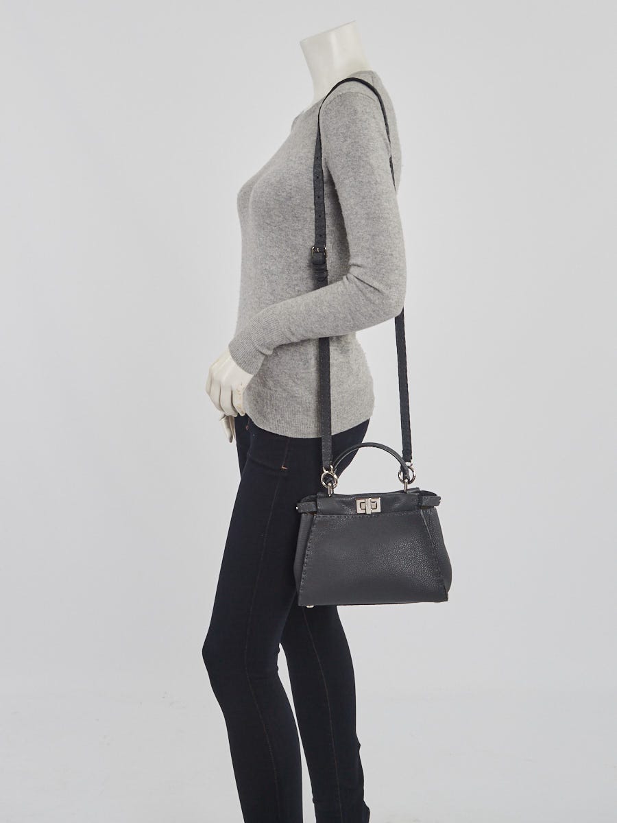 Fendi Grey Asphalt Selleria Leather Mini Peekaboo Satchel