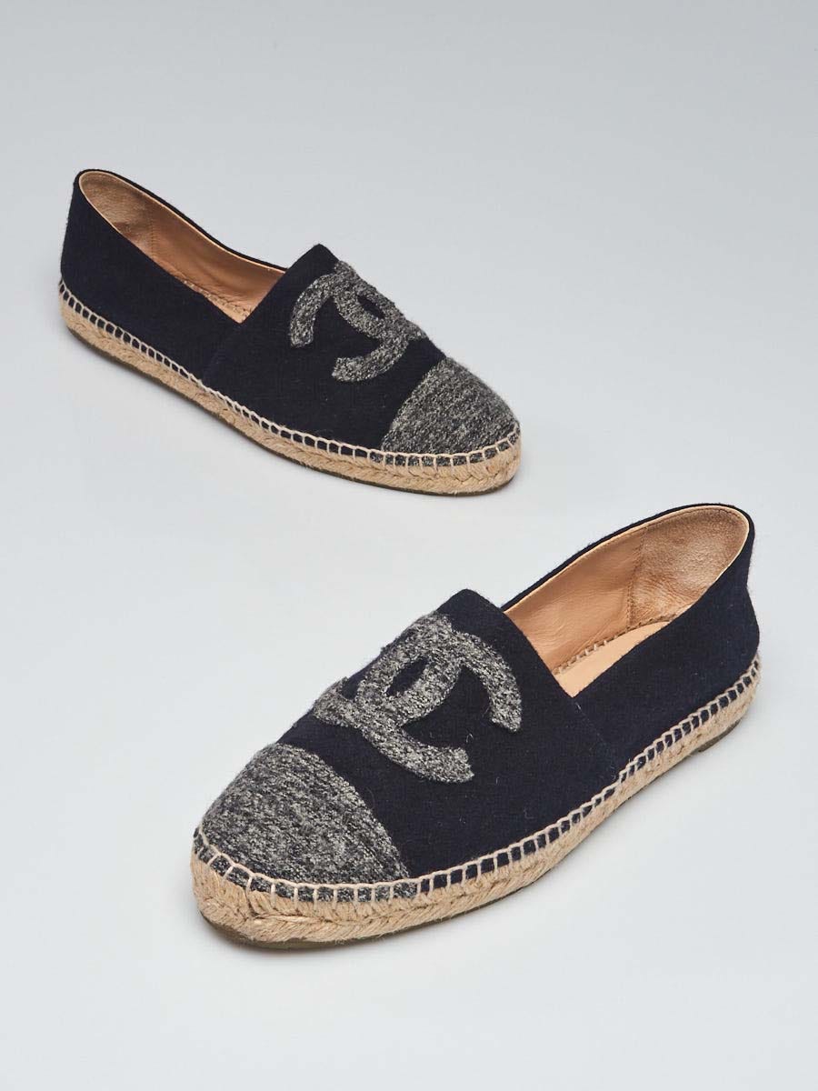 Chanel Black/Grey Wool Cap CC Espadrille Flats - Yoogi's Closet