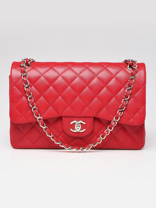 Chanel Red Quilted Caviar Leather Classic Jumbo Double Flap Bag