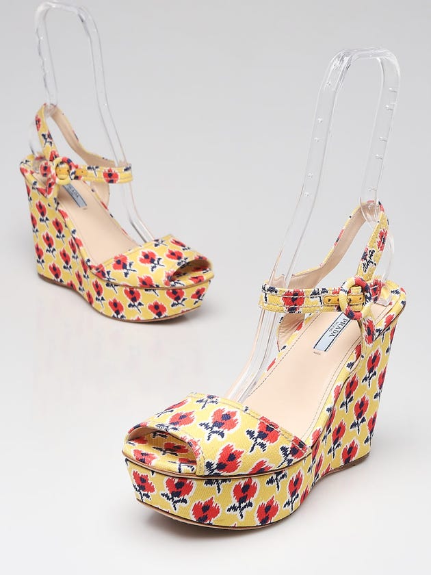 Prada Yellow/Red Floral Print Fabric Wedge Sandals Size 9/39.5