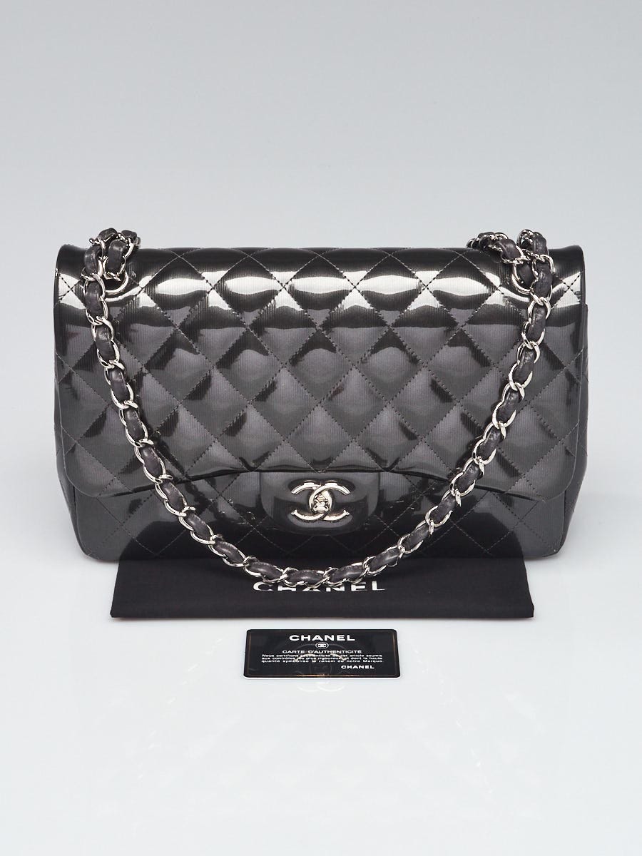 Chanel Grey Striated Quilted Patent Leather Classic Jumbo Double Flap Bag -  Yoogi's Closet