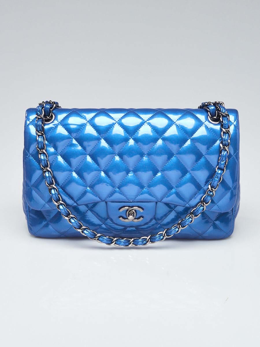 Chanel Blue Quilted Patent Leather Classic Jumbo Double Flap Bag