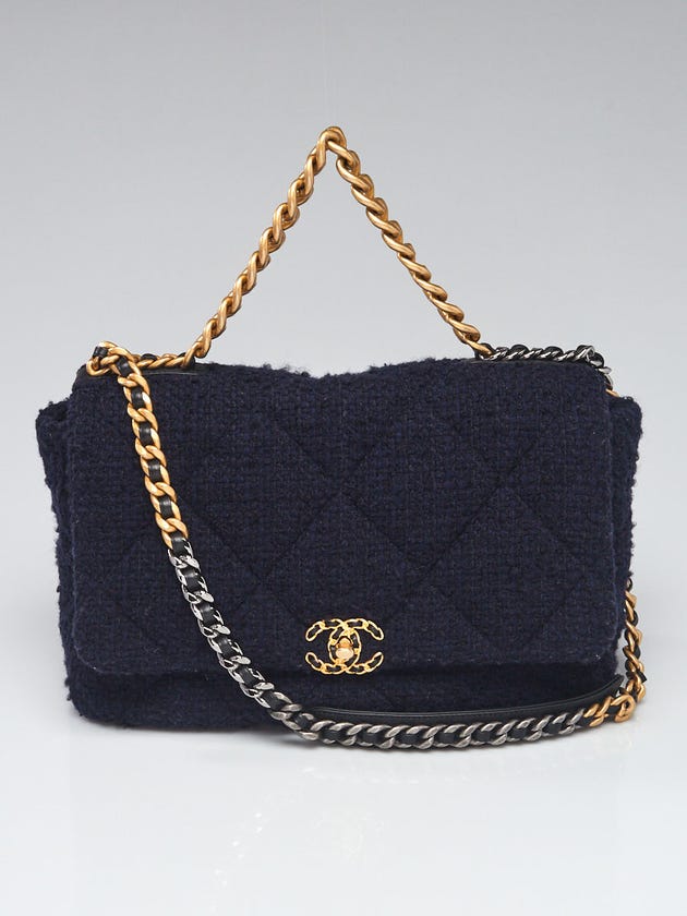 Chanel Navy Blue Quilted Tweed Chanel 19 Maxi Flap Bag