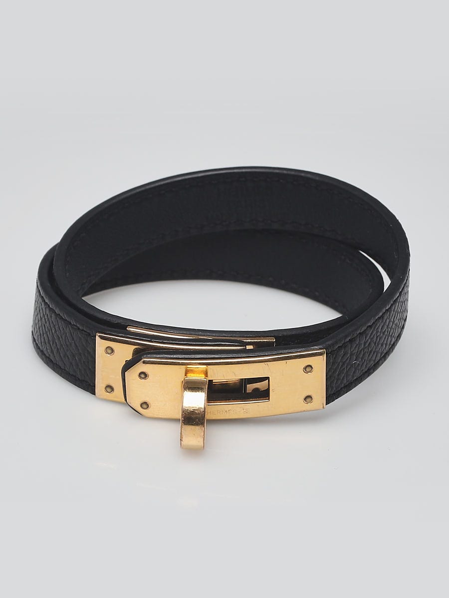 Hermes Black Swift Leather Gold Plated Kelly Double Tour Bracelet Size M -  Yoogi's Closet